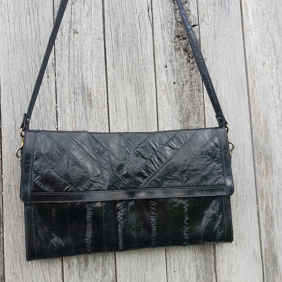 Vintage Eel Skin Eelskin Clutch Shoulder Bag Black Leather Lined Womens Purse - Picture 9 of 11